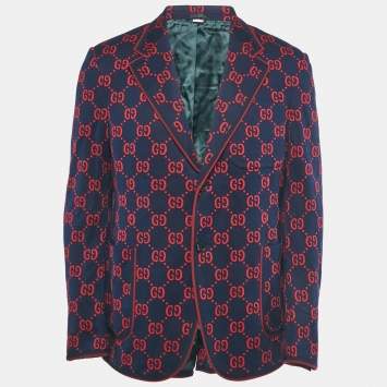 Pre Owned Gucci Navy Blue/Red GG Jacquard Knit Blazer XL
