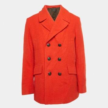Pre Owned Gucci Red Textured Wool Pea Coat XL