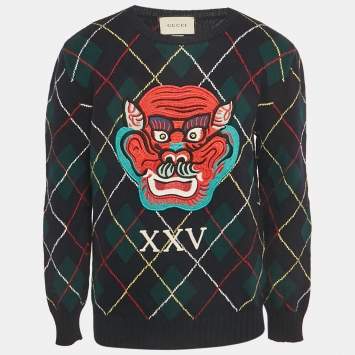 Pre Owned Gucci Blue/Green Applique Argyle Wool Sweater L