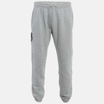 مملوكة مسبقًا بنطلون رياضي قطن غوتشي رمادي بخط جانبي وتطريز نمر مقاس كبير (كبير)