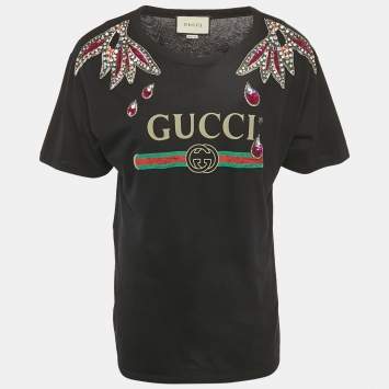مملوكة مسبقًا Gucci Black Vintage Print Jersey Sequin Embellished T-Shirt L