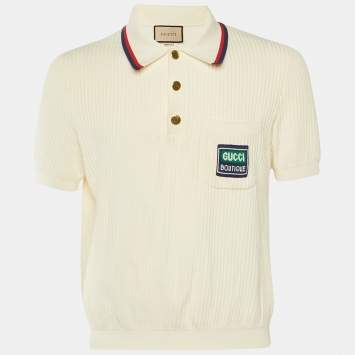 مملوكة مسبقًا Gucci Cream Cotton Knit Web Striped Polo T-Shirt M