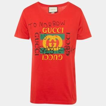 Pre Owned Gucci Red Jersey Tomorrow Is Now Yesterday Print T-Shirt S