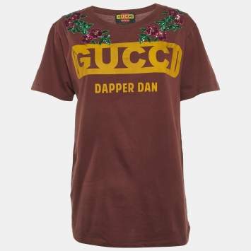 Pre Owned Gucci Dapper Dan Brown Logo Print Jersey Sequin T-Shirt XS