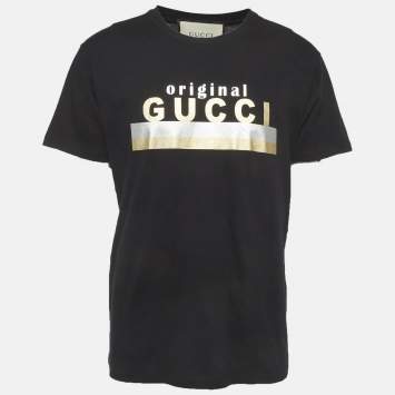 Pre Owned Gucci Black Logo Print Jersey T-Shirt M