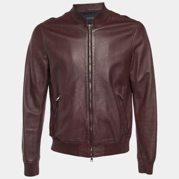Pre Owned Gucci Burgundy Leather Zip Up Bomber Jacket M