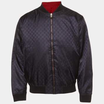 Pre Owned Gucci Blue/Red Monogram Nylon Reversible Bomber Jacket M