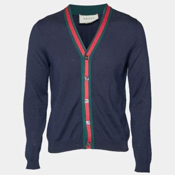 مملوكة مسبقًا Gucci Navy Blue Web Trim Wool Knit Cardigan S
