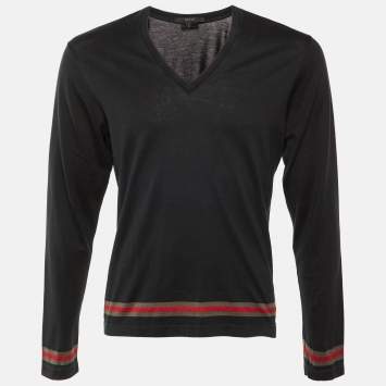 مملوكة مسبقًا تي شيرت غوتشي قطن أسود بخطوط ويب ياقة على شكل V أكمام طويلة مقاس كبير (لارج)