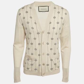 مملوكة مسبقًا Gucci Beige GG Intarsia Wool Cardigan M