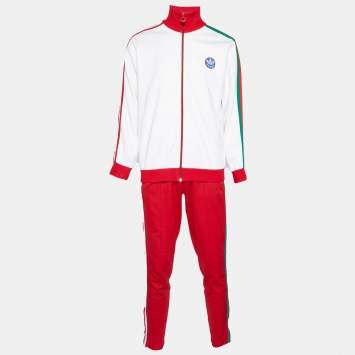 Pre Owned Gucci x Adidas White/Red Web Jersey Tracksuit XL