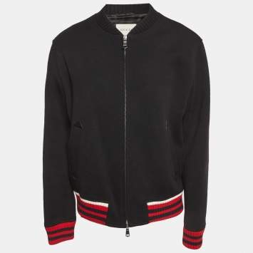 مملوكة مسبقًا جاكيت غوتشي صوف أسود بحافة مضلعة بسحاب مقاس ضخم جدًا جدًا جدًا (ثلاثة أكس لارج)