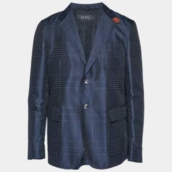 مملوكة مسبقًا Gucci Navy Blue Jacquard Single Breasted Blazer XL