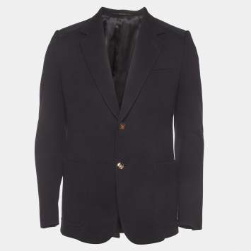 Pre Owned Gucci Navy Blue Textured Cotton Long Sleeve Tailored Jacket L 