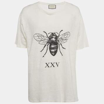 Pre Owned Gucci Cream Bee XXV Graphic Distressed Jersey T-Shirt XXL