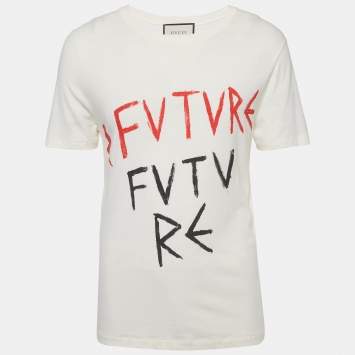 Pre Owned Gucci Cream Printed Cotton Short Sleeve Distressed T-Shirt S