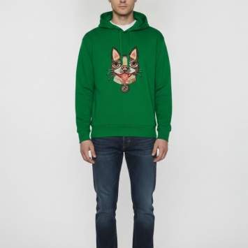 Pre Owned Gucci Green Cat Embroidery Jersey Drawstring Hoodie M 