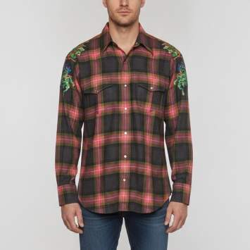 Pre Owned Gucci Multicolor Dragon Embroidered Plaid Wool Flannel Shirt S 