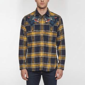 Pre Owned Gucci Blue/ Yellow Wolf Embroidery Plaid Wool Flannel Shirt XS