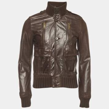 Pre Owned Gucci Brown Leather Button Front Madonna Bomber Jacket M 