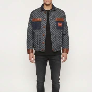 Pre Owned Gucci Blue GG Jacquard Denim Leather Trim Bomber Jacket M