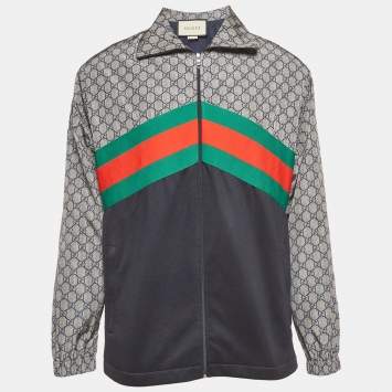 Pre Owned Gucci Multicolor Nylon GG Supreme Web Stripe Zip Up Jacket M 
