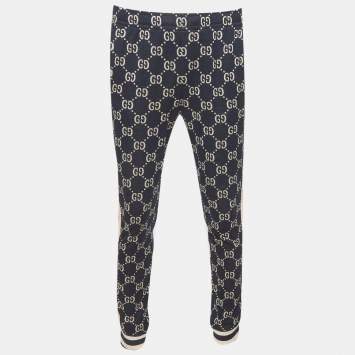 Pre Owned Gucci Navy Blue Striped Monogram Jacquard Knit Joggers M