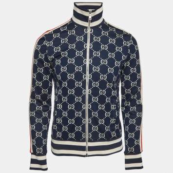 Pre Owned Gucci Navy Blue Monogram Jacquard Knit Track Jacket M