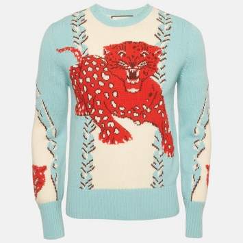 Pre Owned Gucci Sky Blue Leopard Intarsia Wool Crewneck Sweater XS