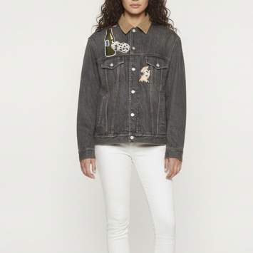 Pre Owned Gucci Grey Corduroy-Trimmed Applique Denim Jacket S