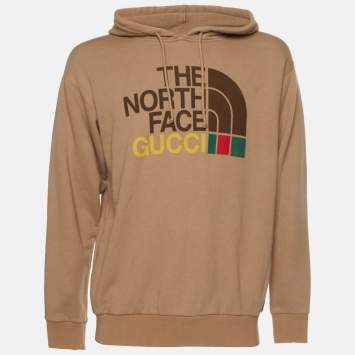 Pre Owned The North Face x Gucci Beige Logo Print Cotton Hoodie S