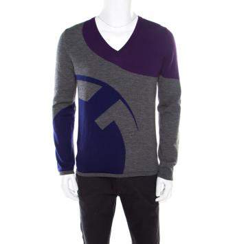 Pre Owned Gucci Melange Grey Patterned Wool V Neck Sweater L