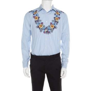 Pre Owned Gucci Blue and White Striped Floral Printed Long Sleeve Skinny Shirt L