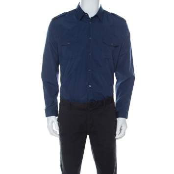 Pre Owned Gucci Dark Blue Cotton Epaulette Embroidery Detail Full Sleeve Shirt XL