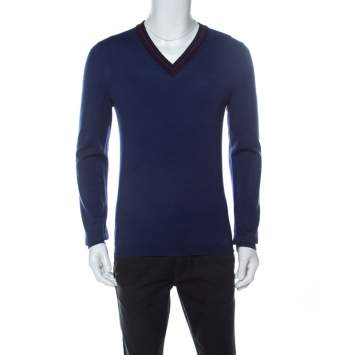 Pre Owned Gucci Blue Wool V-Neck Sweater M