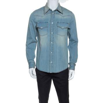 Pre Owned Gucci Blue Denim L'Aveugle Par Amour Snake Embroidered Shirt M