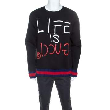 Pre Owned Gucci Black Printed Cotton Contrast Trim Life is Gucci Sweatshirt XXL