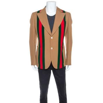 Pre Owned Gucci Camel Wool And Silk-Blend Web Striped Blazer XXL