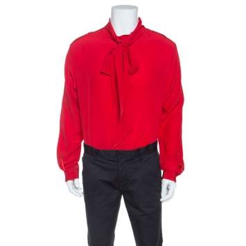 Pre Owned Gucci Red Silk Tie Neck Detail Shirt XXL