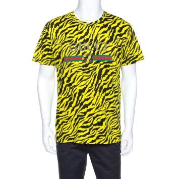 مملوكة مسبقًا Gucci Yellow and Black Tiger Stripe Print Cotton T-Shirt XS