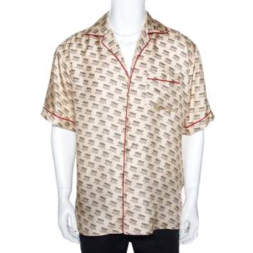 مملوكة مسبقًا Gucci Beige Invite Stamp Print Silk Satin Bowling Shirt XL