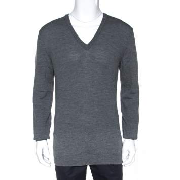 Pre Owned Gucci Grey Wool Shoulder Striped Detail V Neck Sweater XL