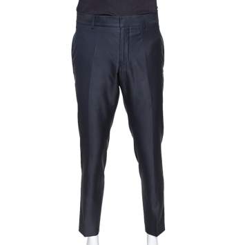 Pre Owned Gucci Navy Blue Textured Silk Wool Tailored Pants XL