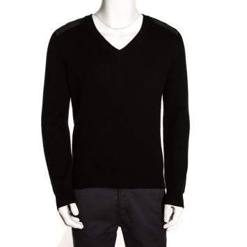 مملوكة مسبقًا Gucci Black Cashmere Wool Leather Patch Detail V Neck Sweater M