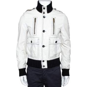 Pre Owned Gucci White Leather Rib Knit Trim Bomber Jacket M