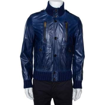 Pre Owned Gucci Midnight Blue Leather Rib Knit Trim Madonna Bomber Jacket S