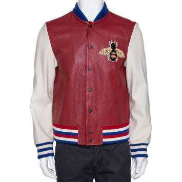 Pre Owned Gucci Burgundy Leather 'Blind for Love' Varsity Bomber Jacket L
