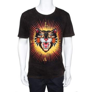 Pre Owned Gucci Charcoal Grey Washed Out Effect Cotton Love Wildcat Embroidered T Shirt S 
