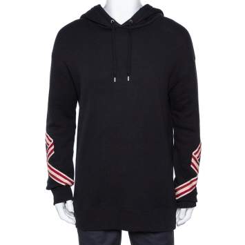 Pre Owned Gucci Black Floral Embroidered Cotton Distressed Hooded Sweatshirt L