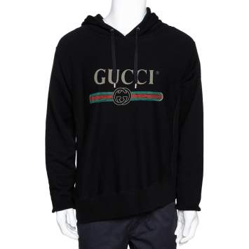 Pre Owned Gucci Black Vintage Logo Print Cotton Hooded Sweatshirt M